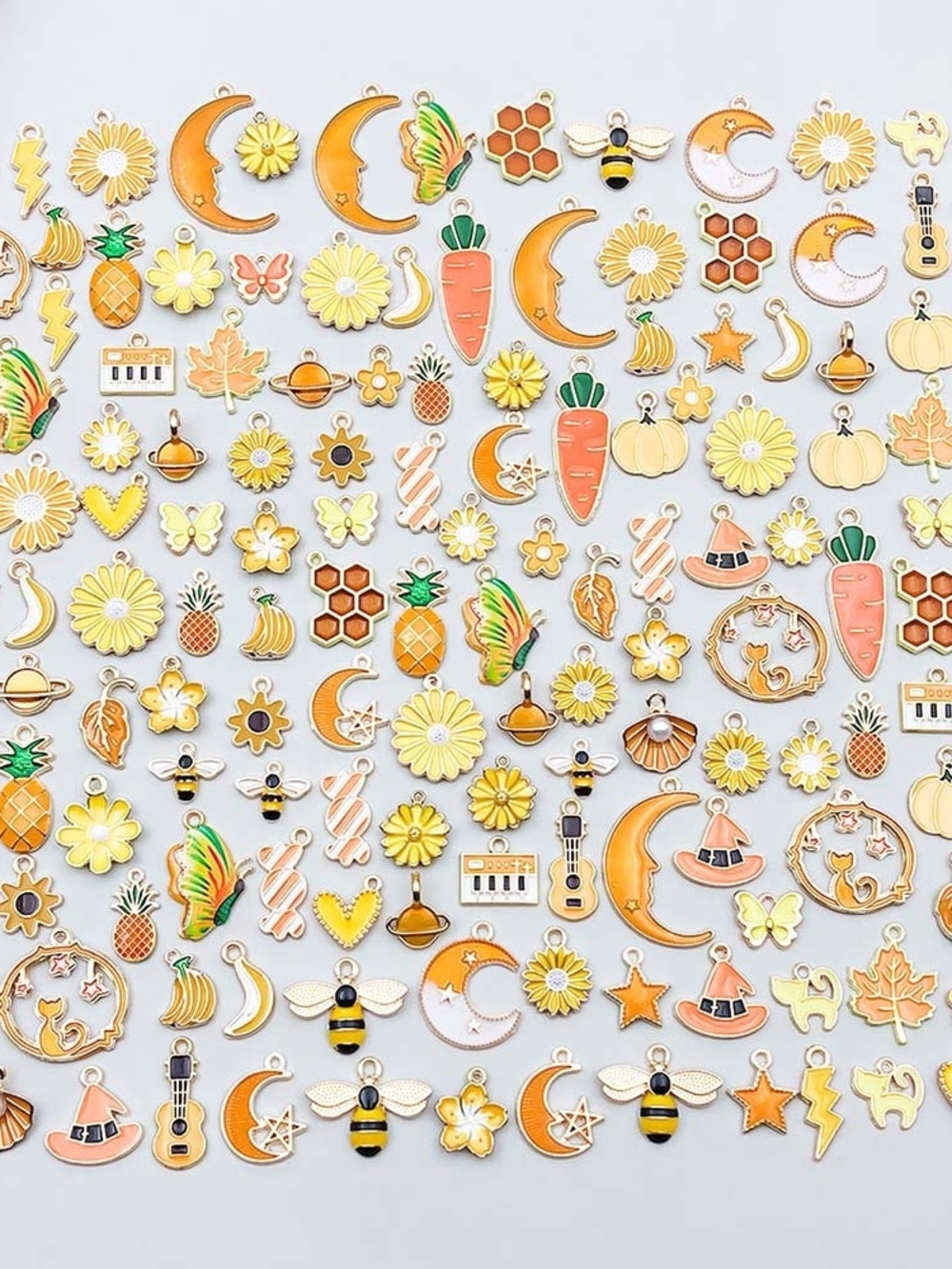 Enamel Charm Mix - Yellow Orange Floral, Moon & Bee Charms
